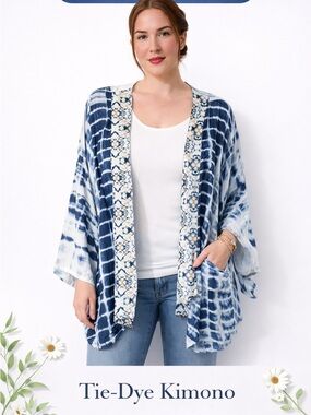 Willow Navy and White Tie-Dye Open Front Kimono